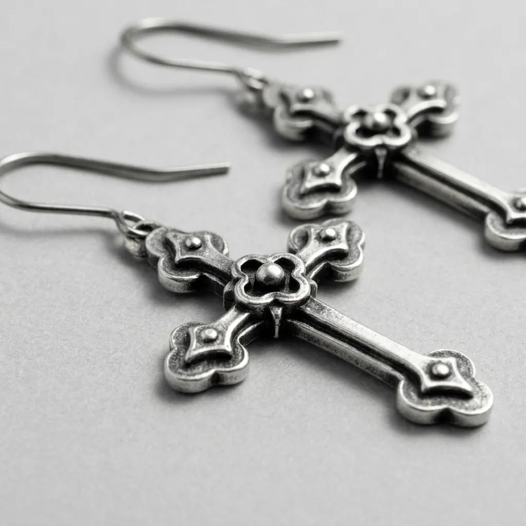 Schatten-Kreuz mit Fleur-Detail, antik-silberne Ohrringe