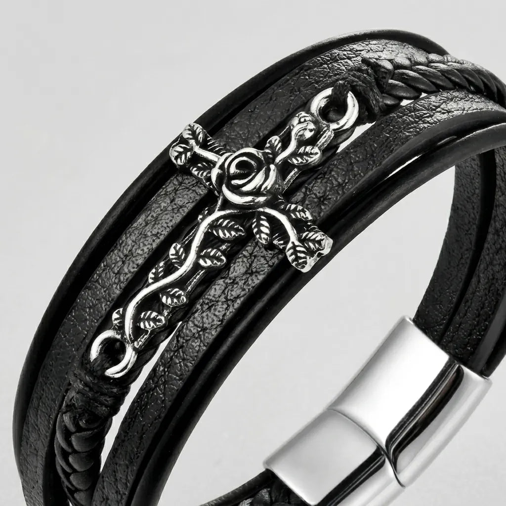 Herren-schwarzes-Leder geflochten, Rosenranken-Kreuz-Verschluss-Armband
