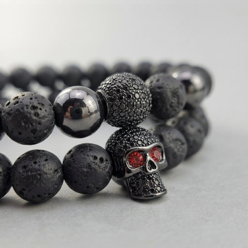 Totenkopf-Perlenarmband-Set, rotäugiges Totenkopf-Armband-Set