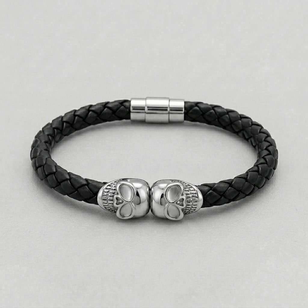 Zwillings-Totenkopf schwarzes geflochtenes Lederarmband