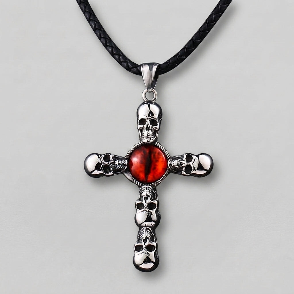 Totenkopf-Kreuz-Kette mit rotem Drachenaugen-Anhänger