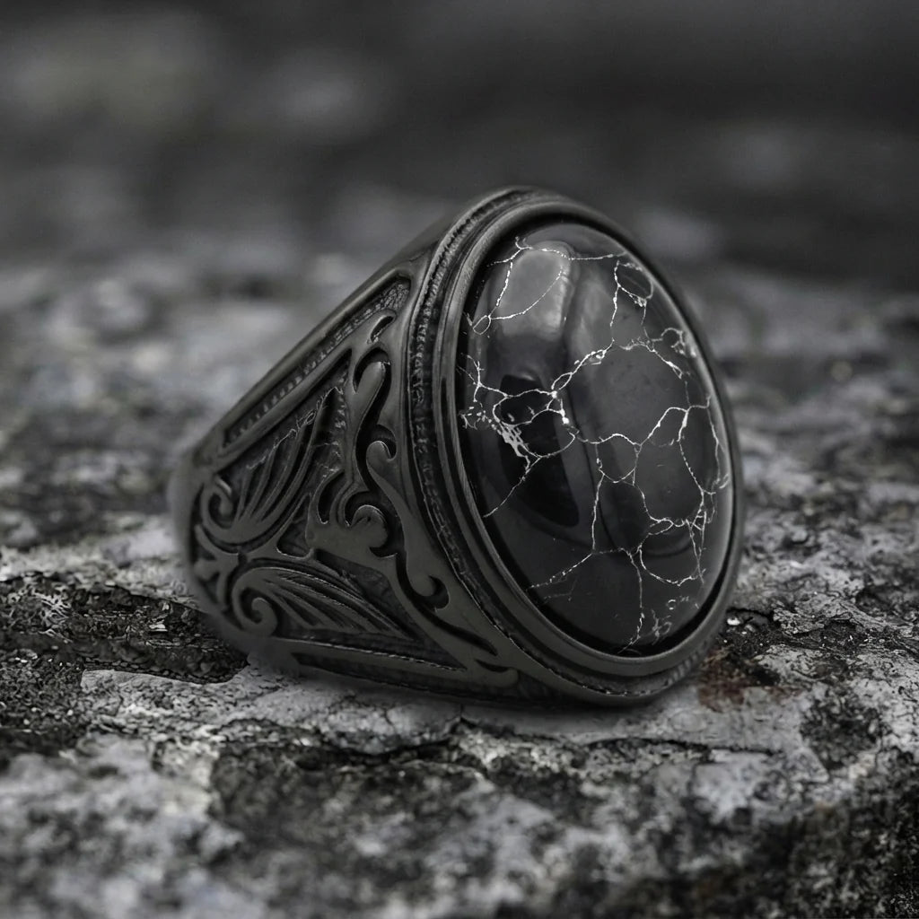 Schwarzer-Marmor ovaler Cabochon-Siegelring