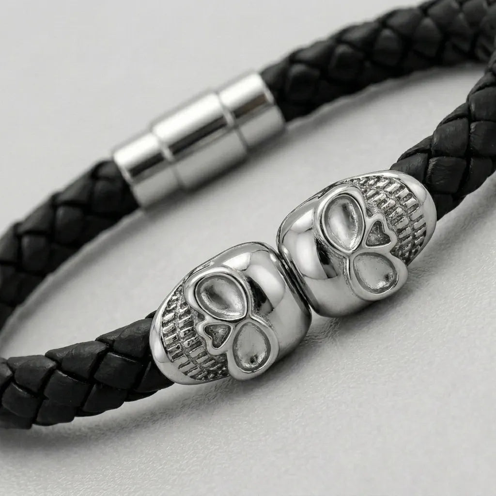 Zwillings-Totenkopf schwarzes geflochtenes Lederarmband