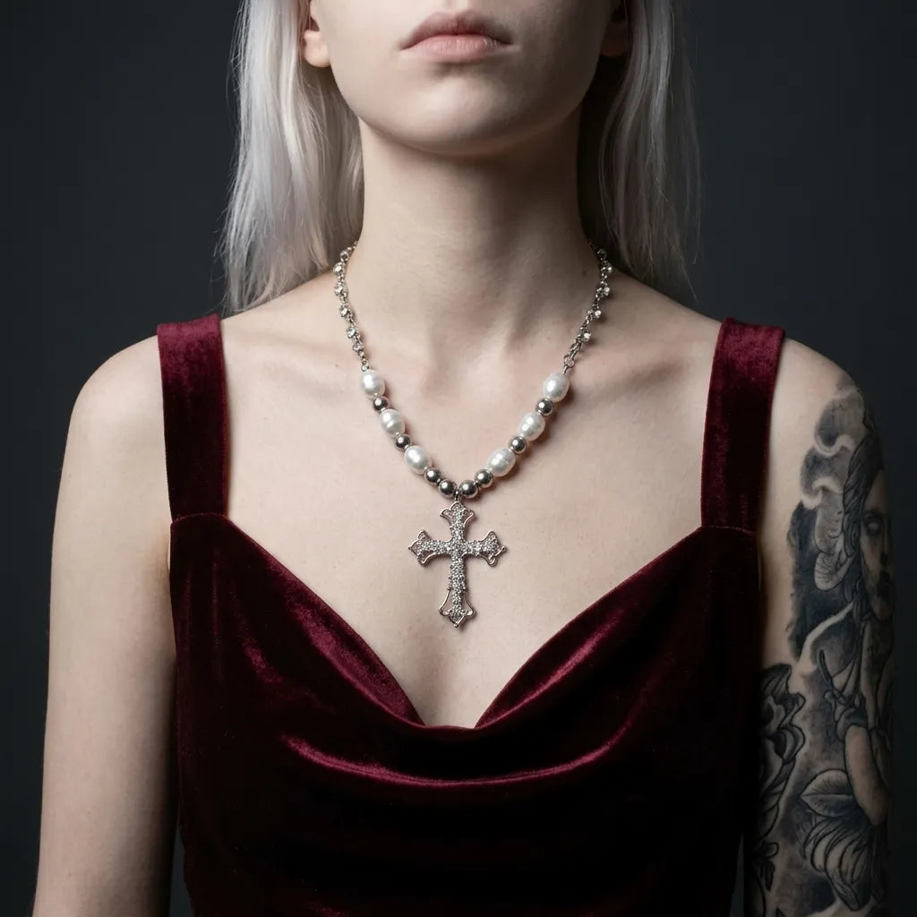 Verziertes-Kreuz mit Perlen und Strass, Halskette