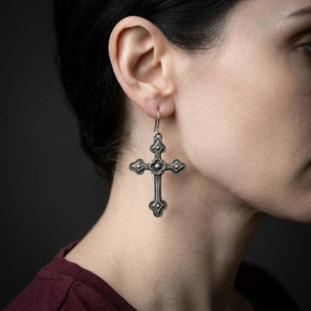 Schatten-Kreuz mit Fleur-Detail, antik-silberne Ohrringe