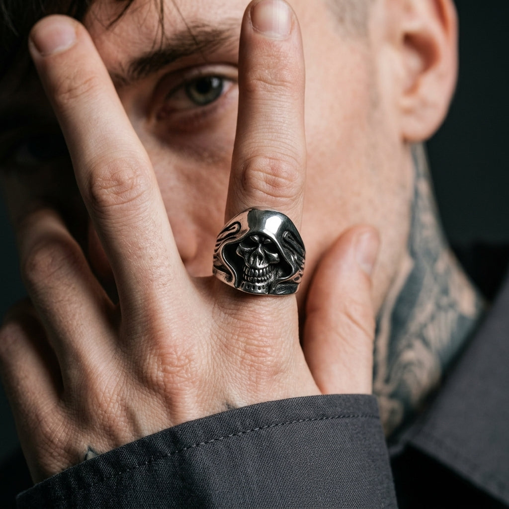 Kapuzen-Totenkopf-Sensenmann-Statement-Ring