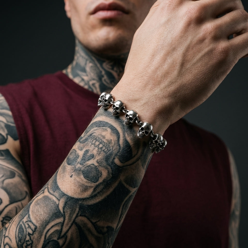 Silberner-Totenkopf-Gliederketten-Armband