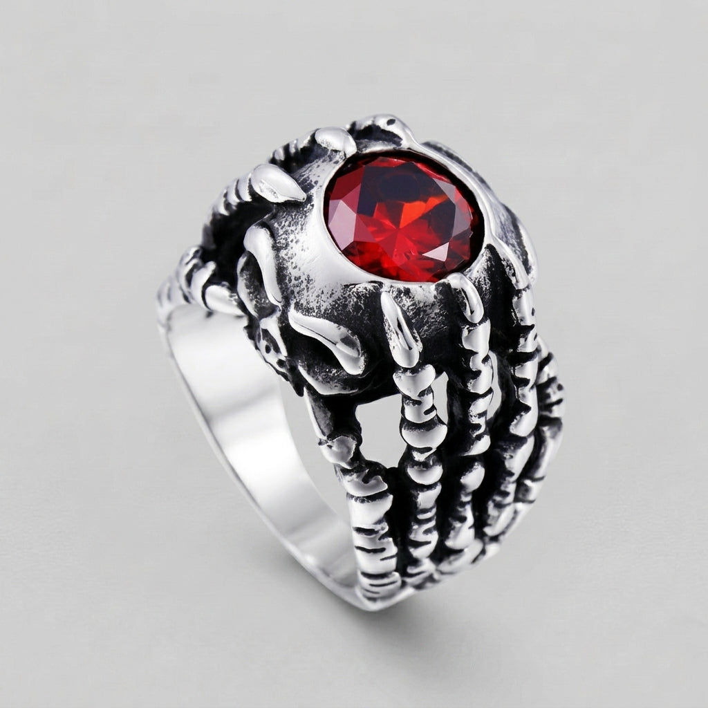 Drachenklauen-Ring mit rotem Edelstein