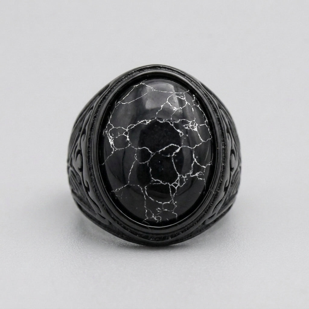 Schwarzer-Marmor ovaler Cabochon-Siegelring