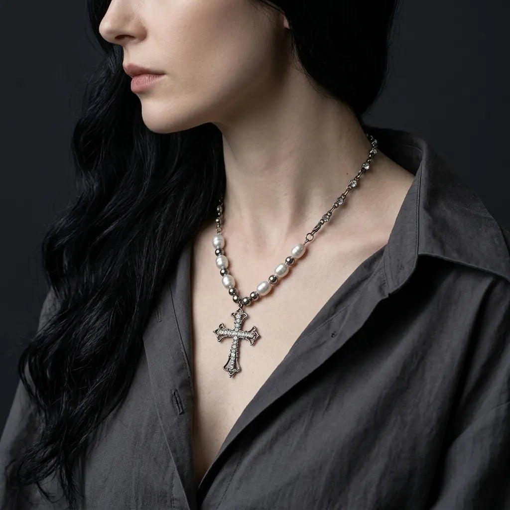 Verziertes-Kreuz mit Perlen und Strass, Halskette