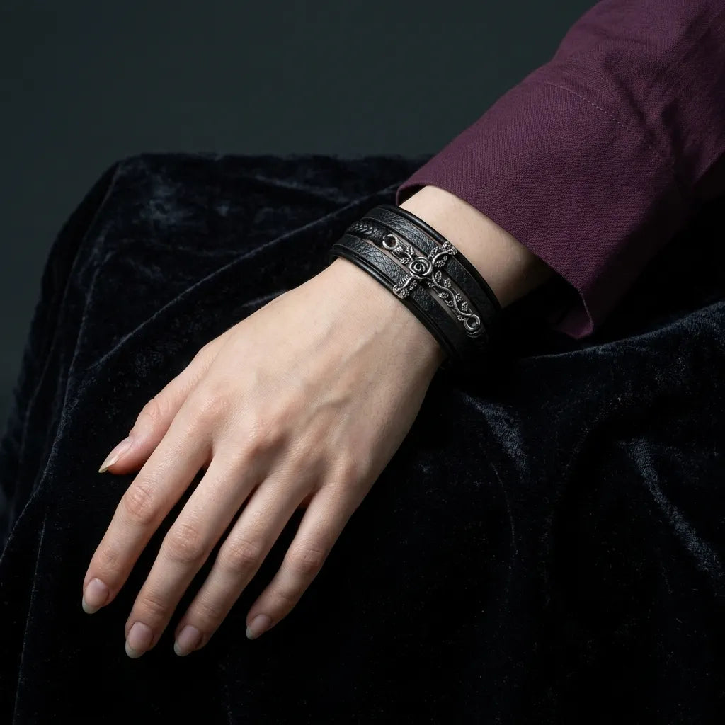 Herren-schwarzes-Leder geflochten, Rosenranken-Kreuz-Verschluss-Armband