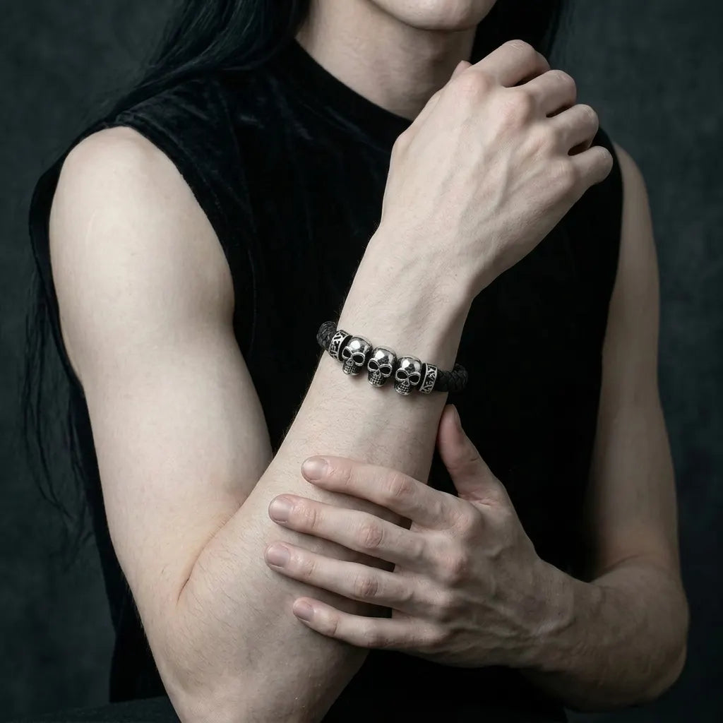Drei-Totenkopf keltischer Knoten schwarzes Lederarmband