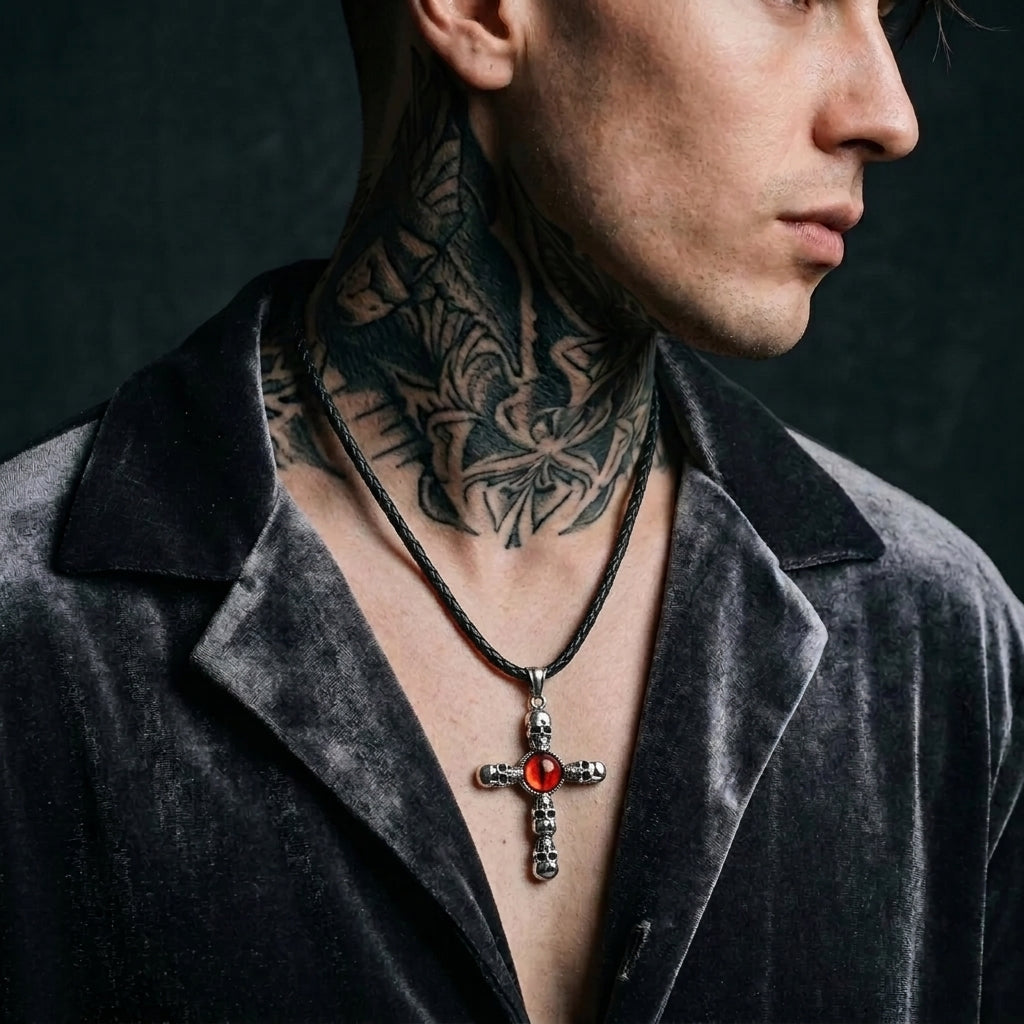 Totenkopf-Kreuz-Kette mit rotem Drachenaugen-Anhänger