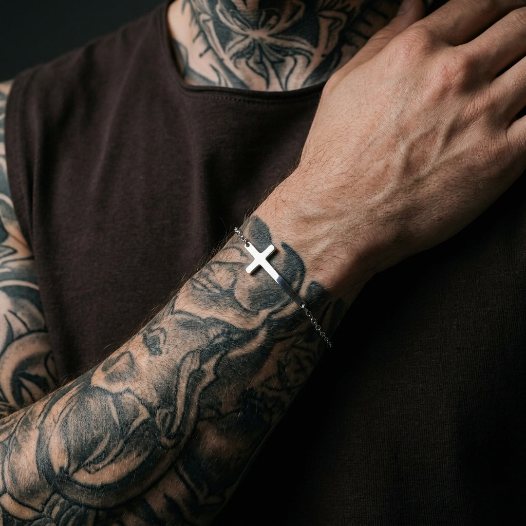 Silbernes-Kreuz-Anhänger zartes Kettenarmband