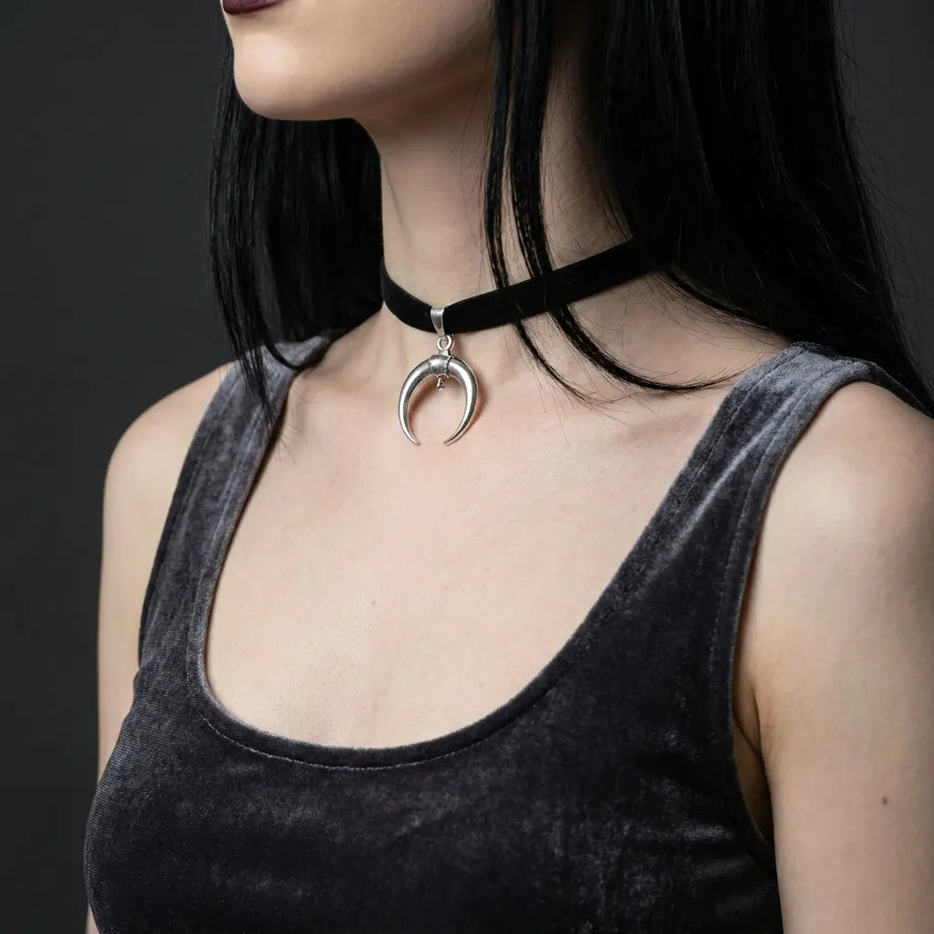 Dunkler-Mond-Horn-Choker-Halskette