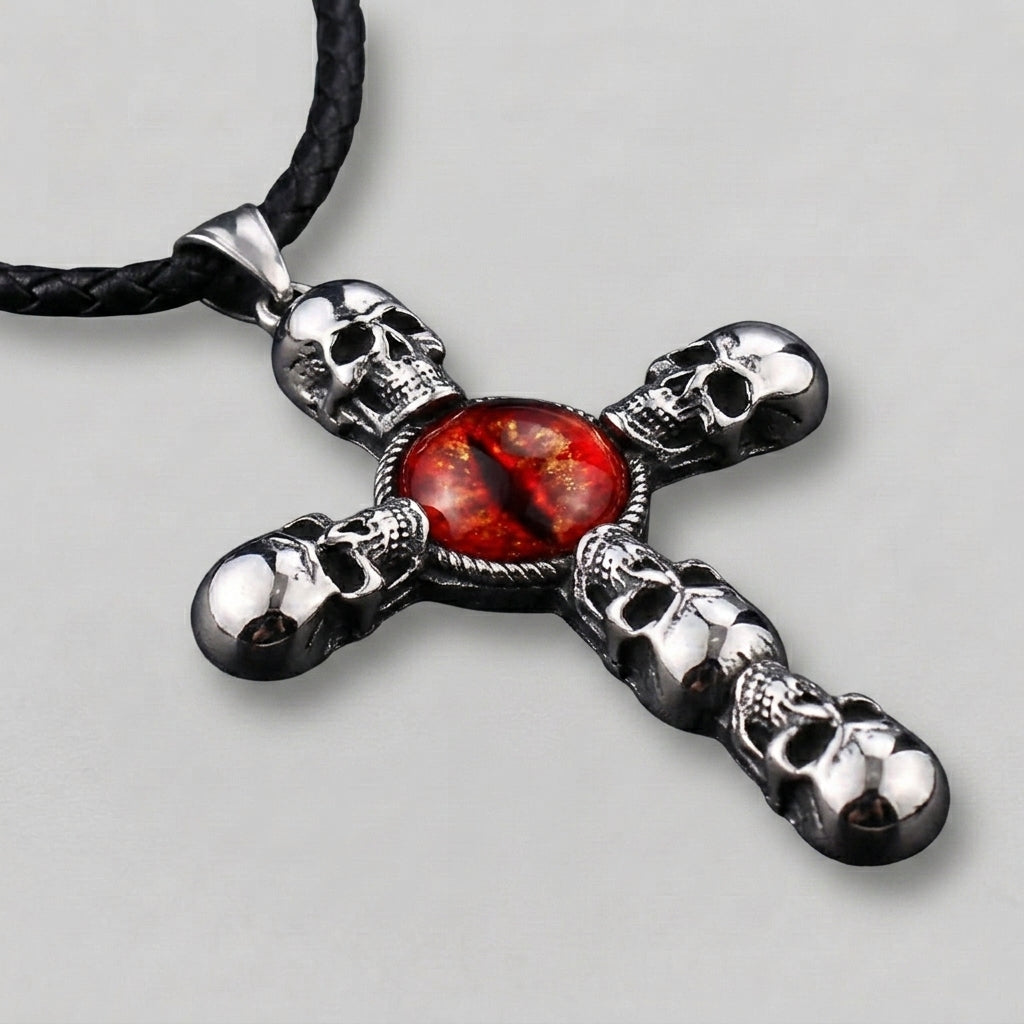 Totenkopf-Kreuz-Kette mit rotem Drachenaugen-Anhänger