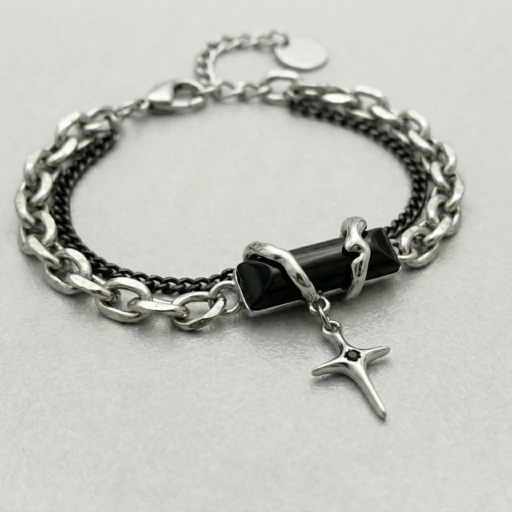Obsidian-Splitter-Stern-Anhänger Doppelketten-Armband