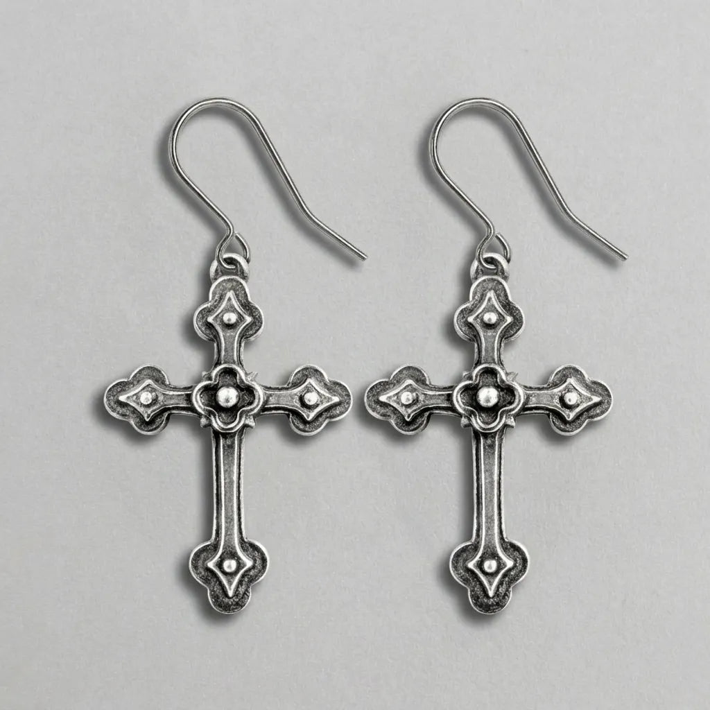 Schatten-Kreuz mit Fleur-Detail, antik-silberne Ohrringe