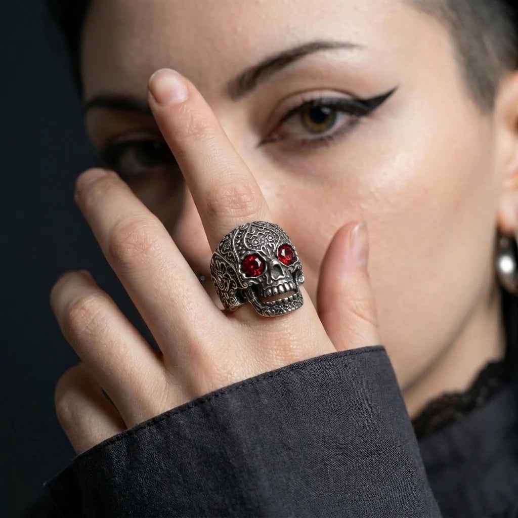 Totenkopfring mit roten Kristallaugen