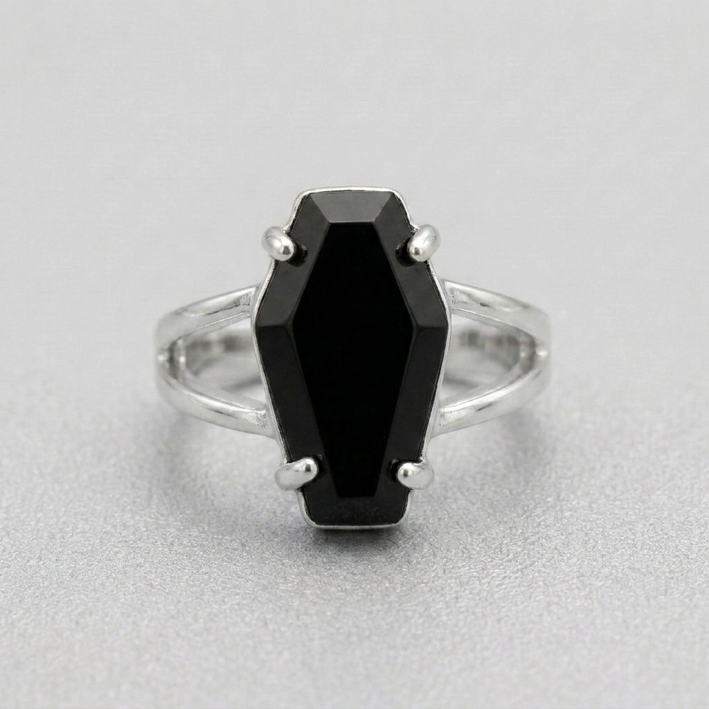 Schwarzer-Sargstein, geteilter silberner Bandring, Gothic-Ring