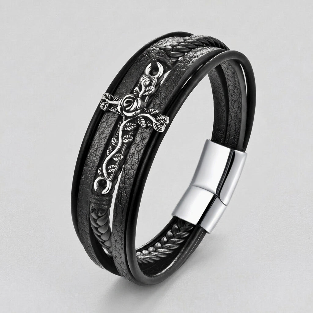 Herren-schwarzes-Leder geflochten, Rosenranken-Kreuz-Verschluss-Armband