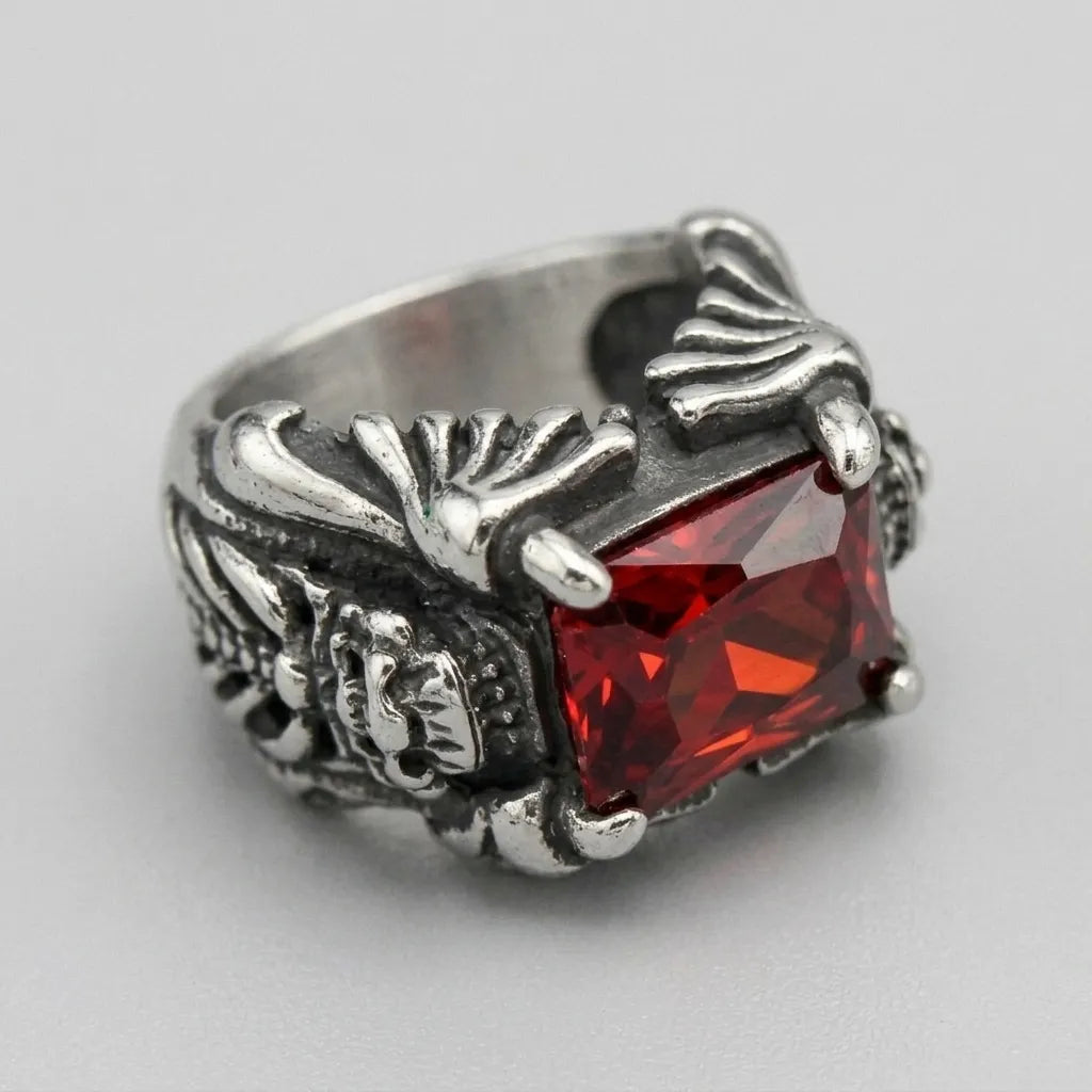 Roter-Kissenkristall-Totenkopfkralle-Statement-Ring