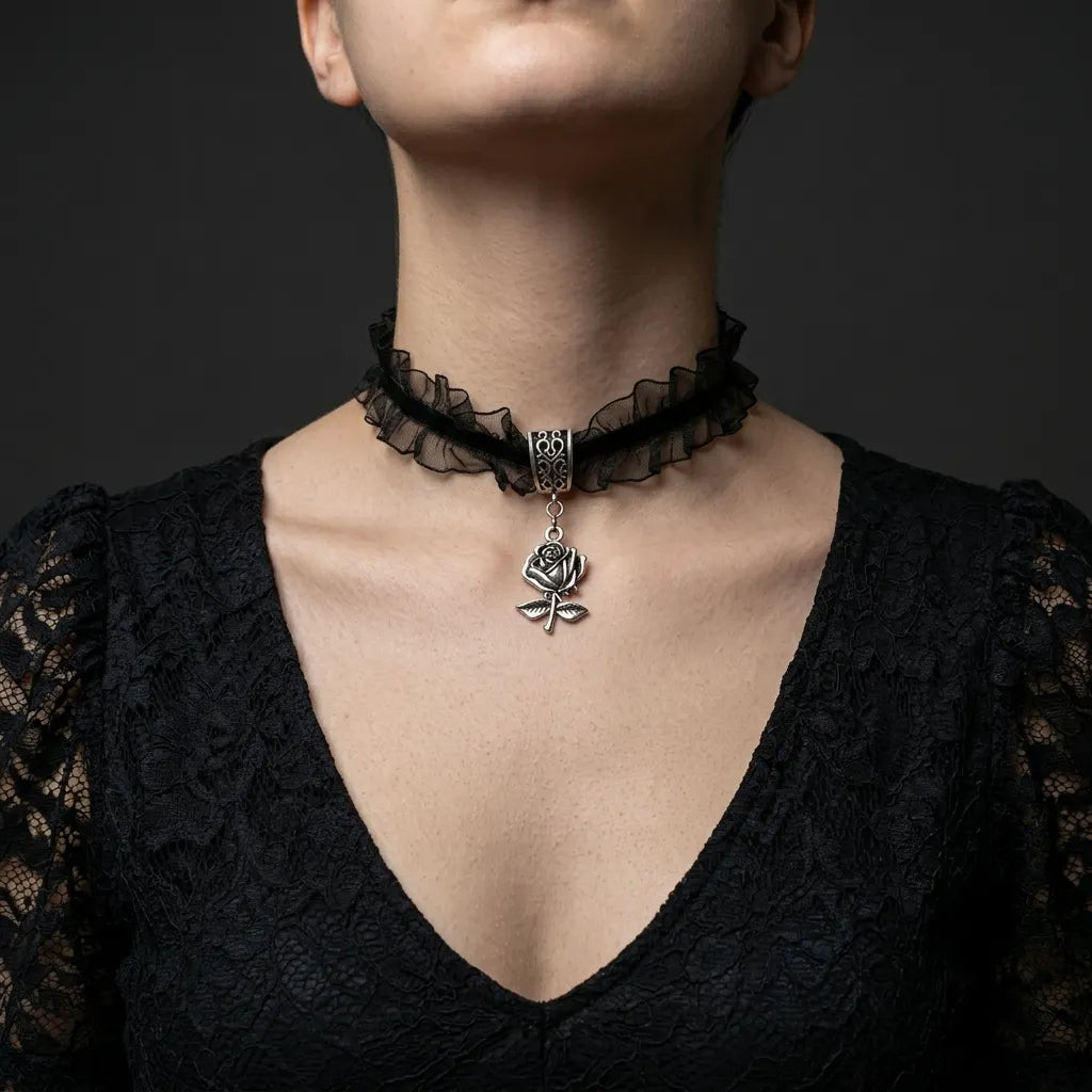 Gerüschte-Spitzenrose Gothic-Choker-Halskette