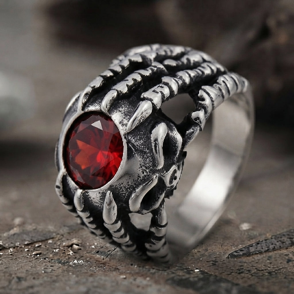 Drachenklauen-Ring mit rotem Edelstein
