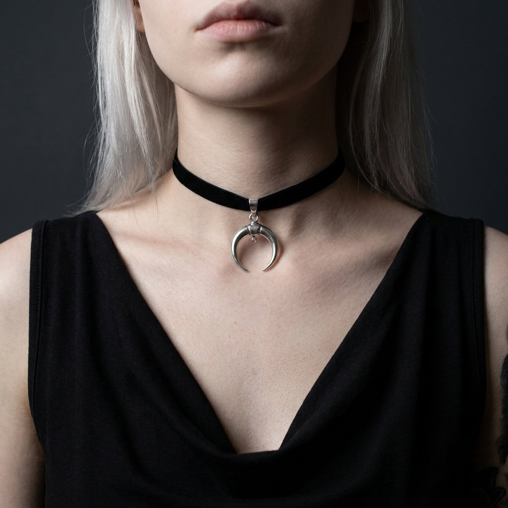 Dunkler-Mond-Horn-Choker-Halskette