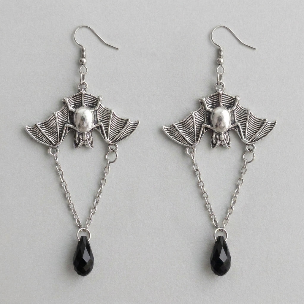 Mitternachts-Flügelspannweite – Gothic-Fledermaus-&-Schwarzkristall-Ohrhänger