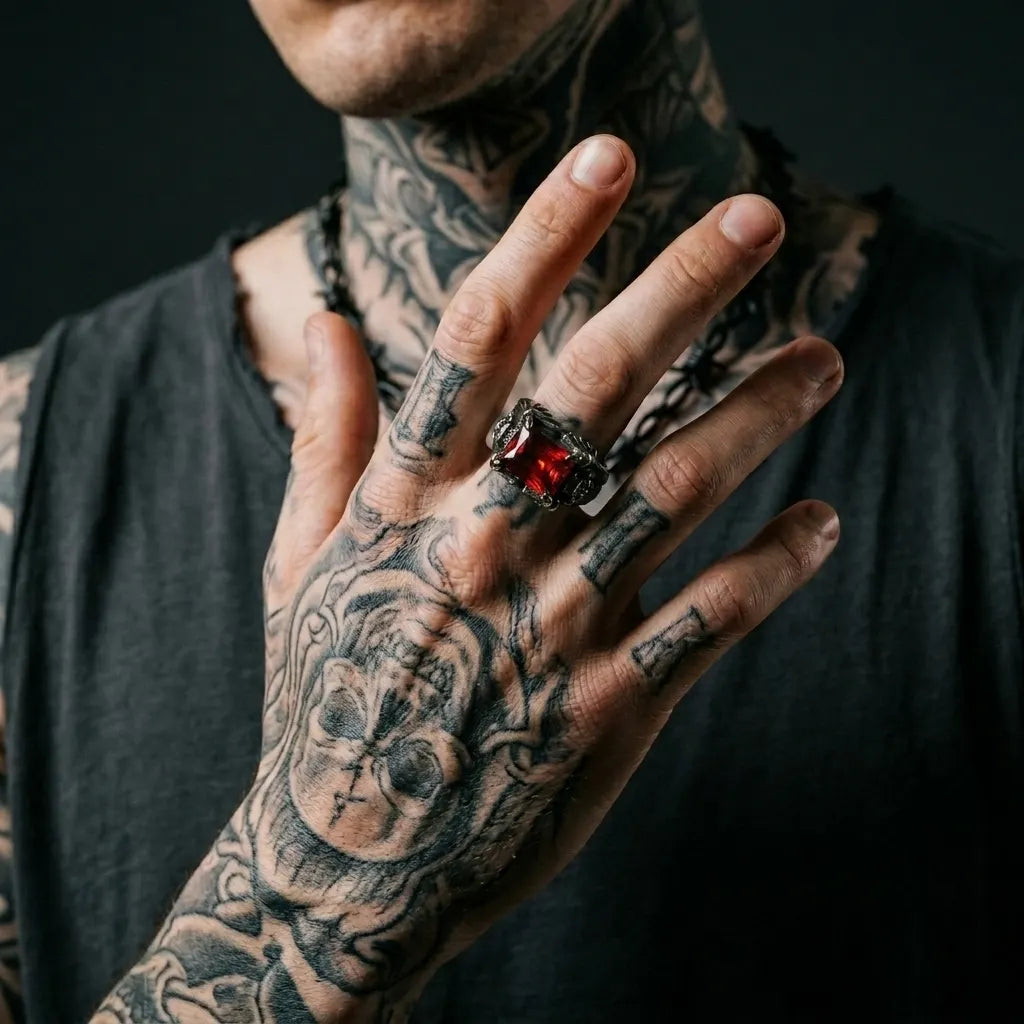 Roter-Kissenkristall-Totenkopfkralle-Statement-Ring
