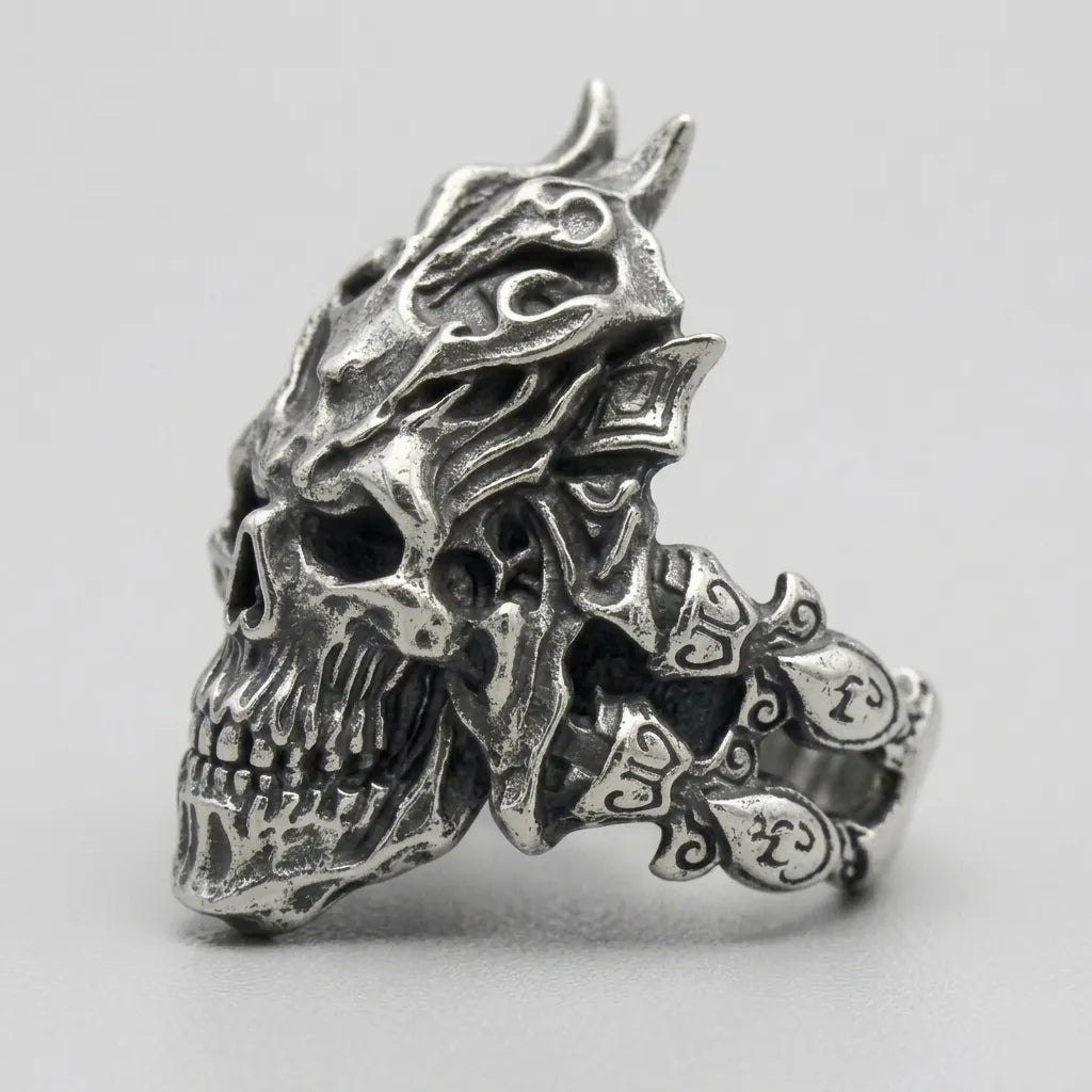 Gehörnter-Dämonenschädel-Krieger-Ring