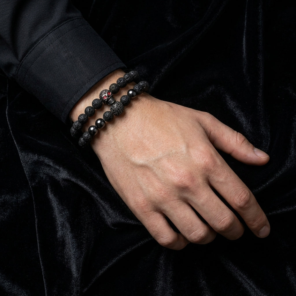 Totenkopf-Perlenarmband-Set, rotäugiges Totenkopf-Armband-Set