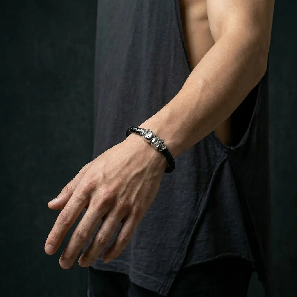 Zwillings-Totenkopf schwarzes geflochtenes Lederarmband