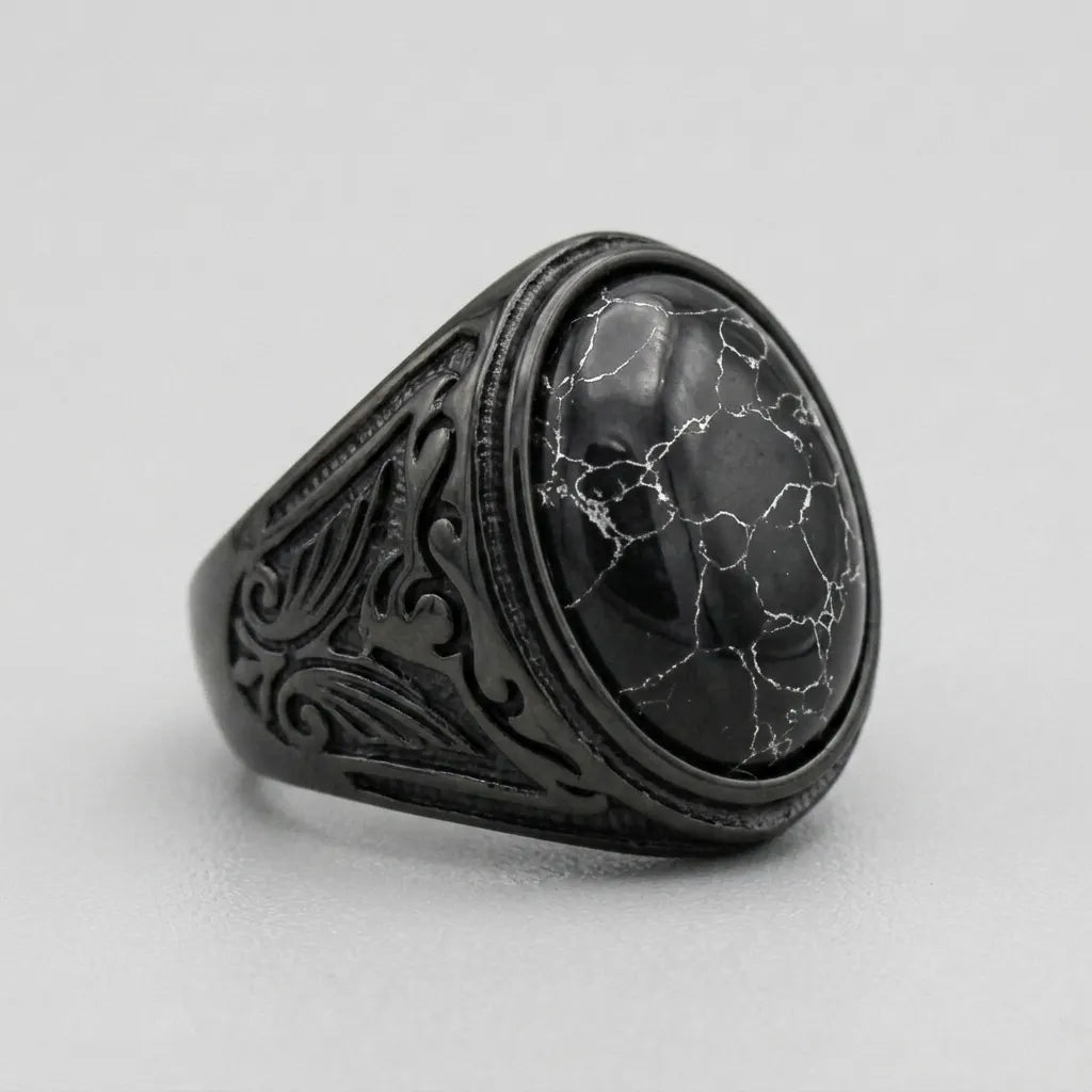 Schwarzer-Marmor ovaler Cabochon-Siegelring