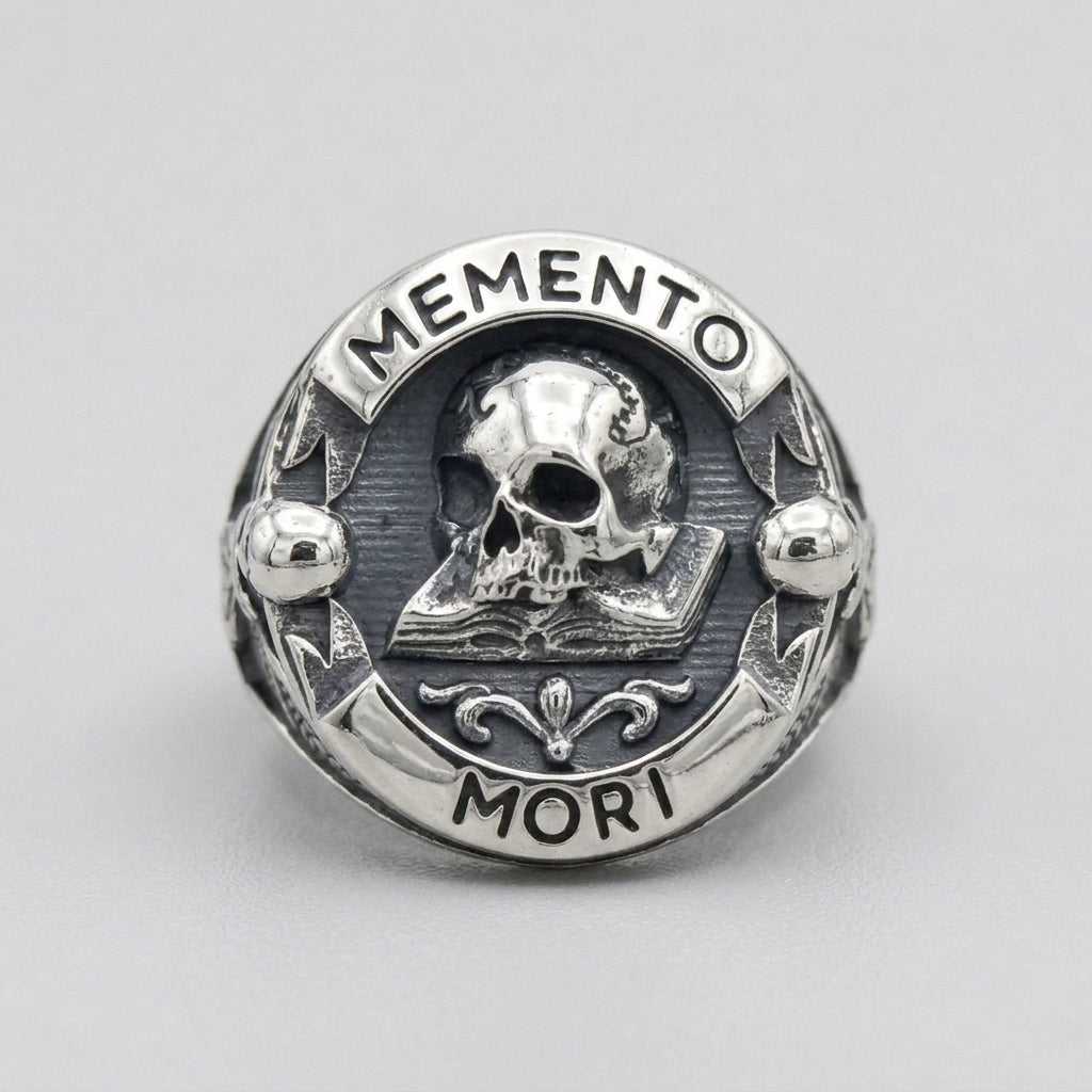 Memento-Mori-Totenkopf offenes Buch Siegelring