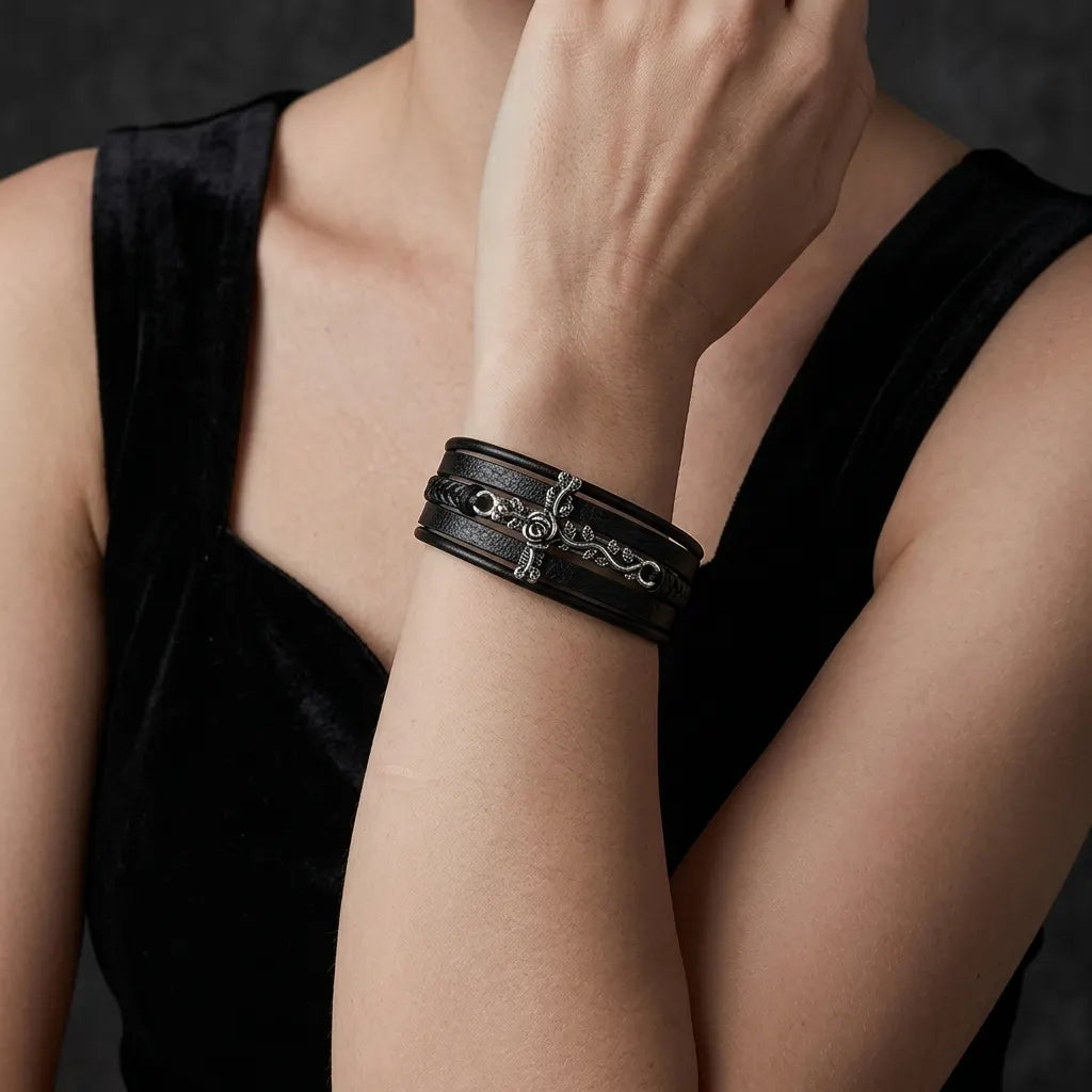 Herren-schwarzes-Leder geflochten, Rosenranken-Kreuz-Verschluss-Armband