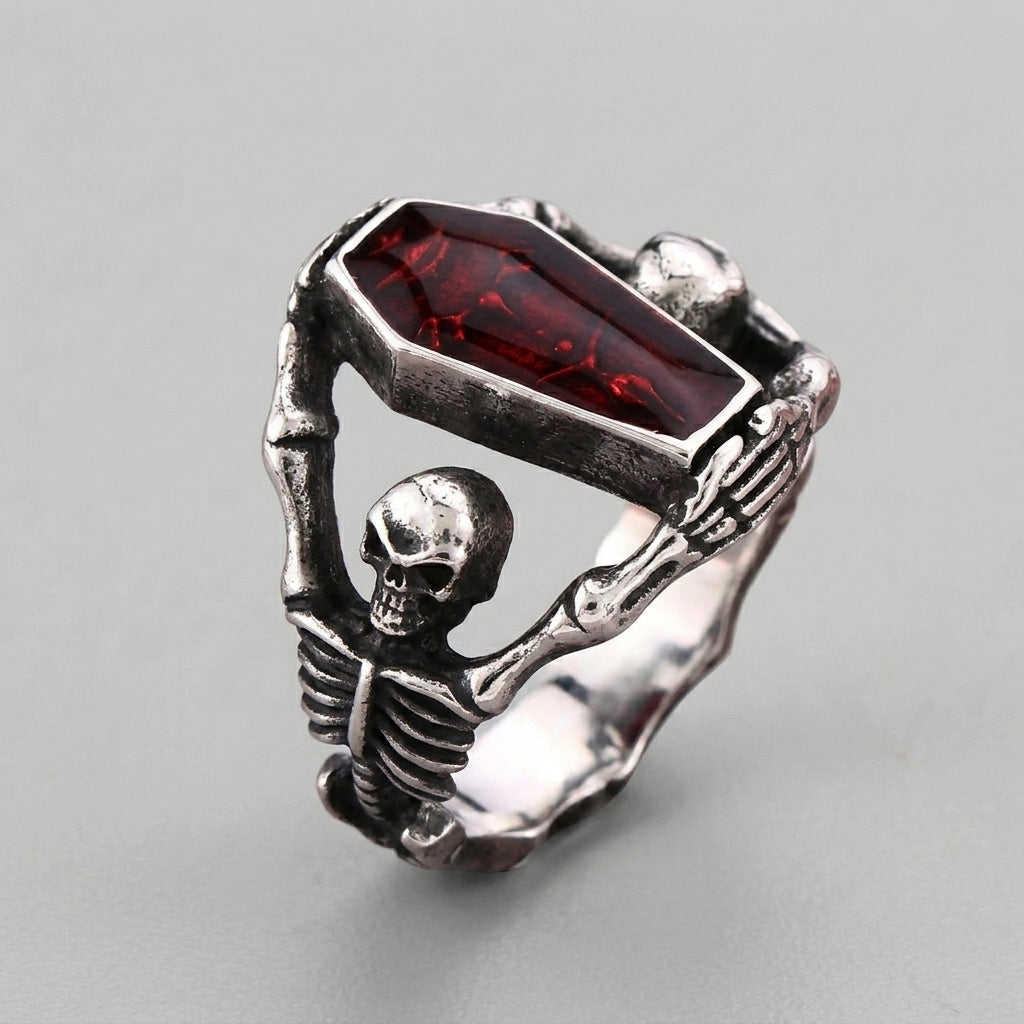 Sarg-Stein-Ring mit Skeletthand und Totenkopf-Details