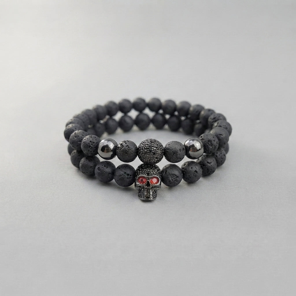 Totenkopf-Perlenarmband-Set, rotäugiges Totenkopf-Armband-Set