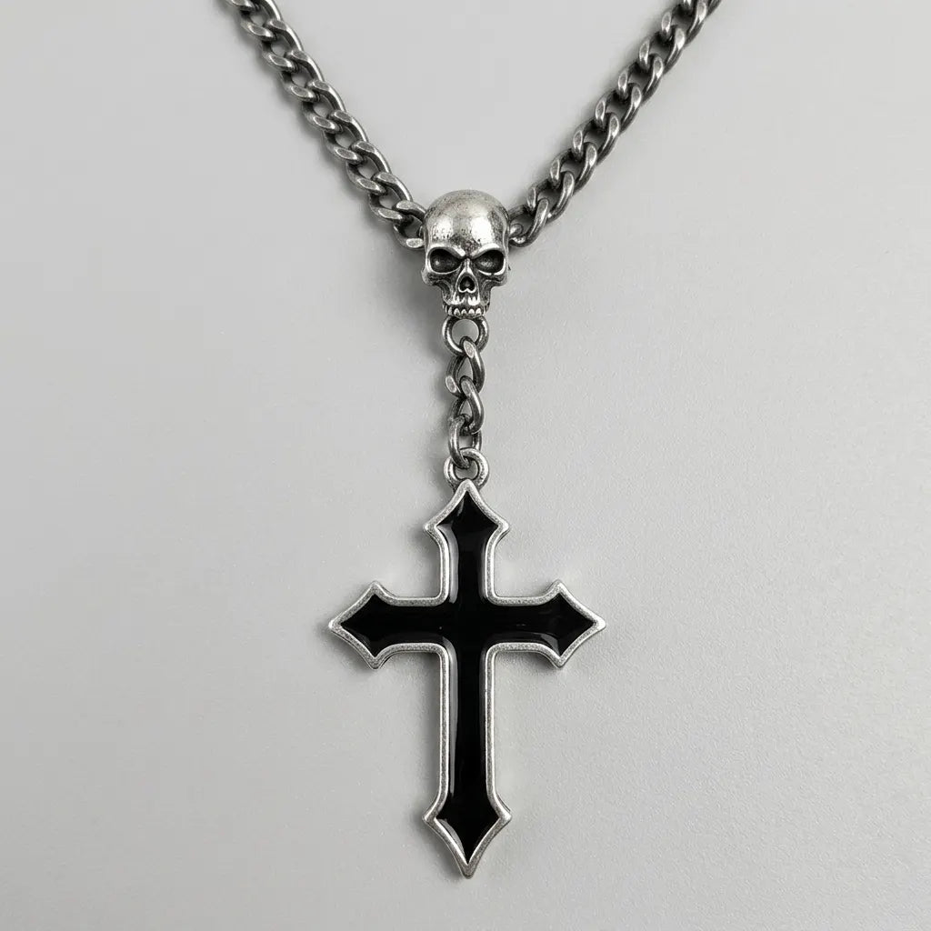 Sensenmann-Totenkopf-Dunkles-Kreuz-Halskette