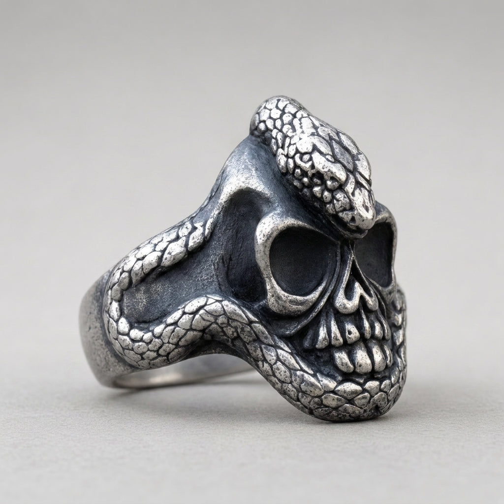 Schlangenumwickelter-Totenkopf-Ring