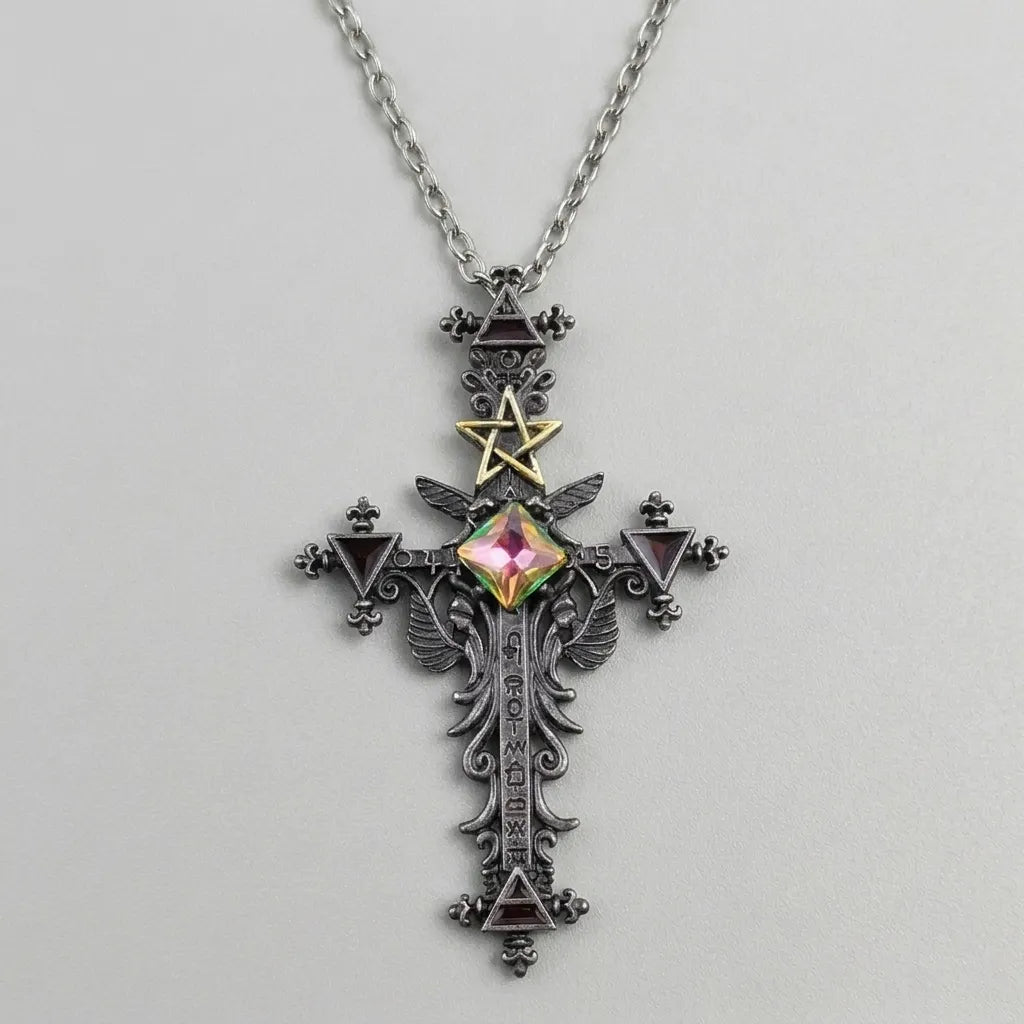 Dunkles-Ritual-Pentagramm-Kristall-Kreuz-Halskette
