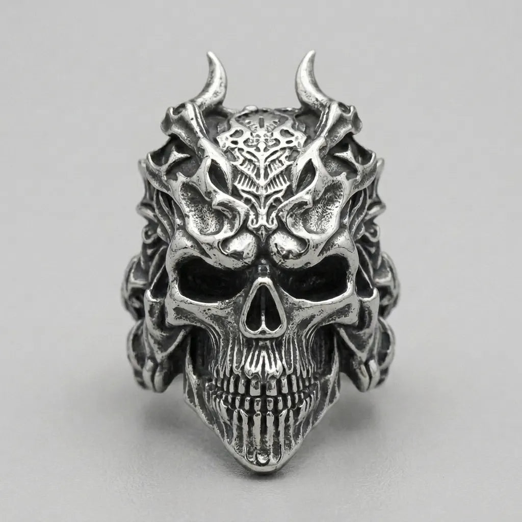 Gehörnter-Dämonenschädel-Krieger-Ring