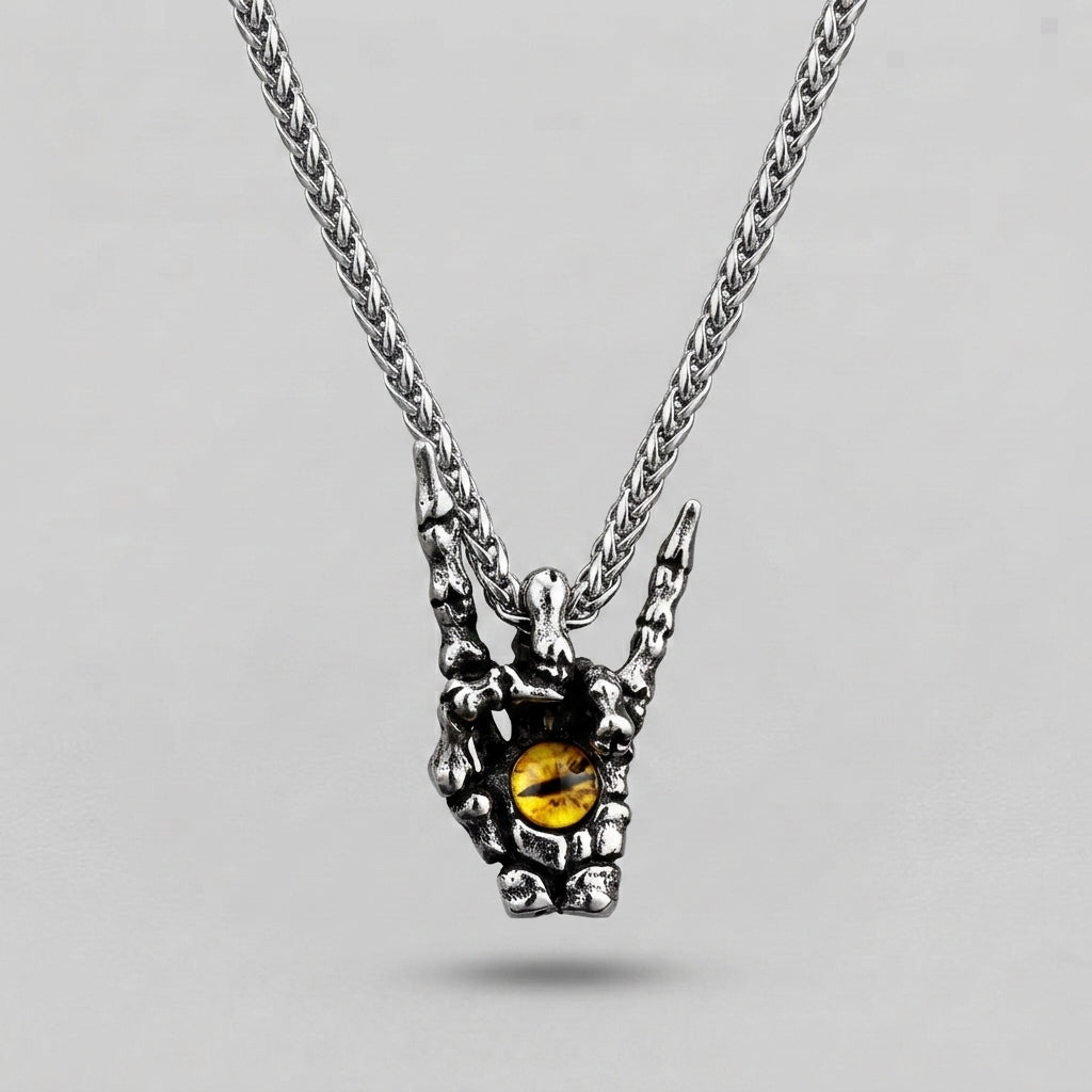 Skeletthand-Kette mit Rockzeichen und Drachenaugen-Anhänger