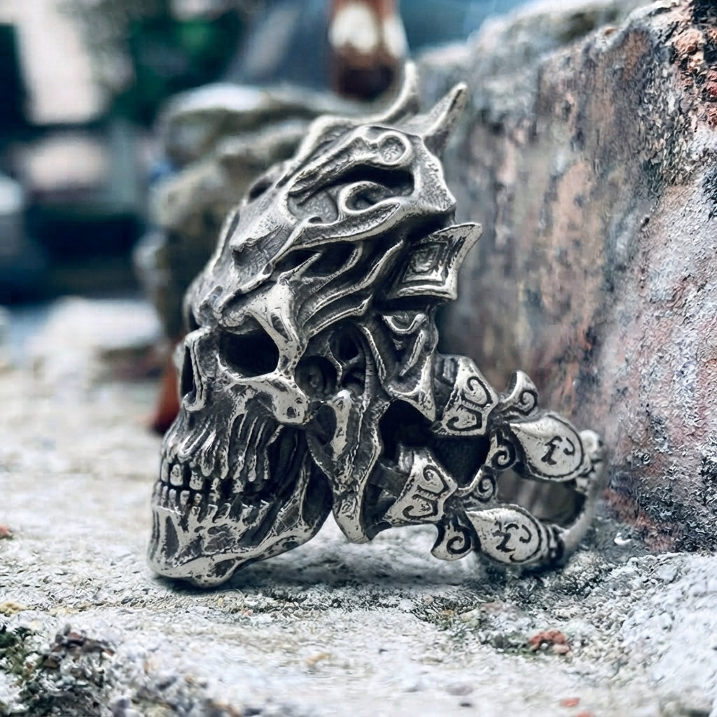 Gehörnter-Dämonenschädel-Krieger-Ring