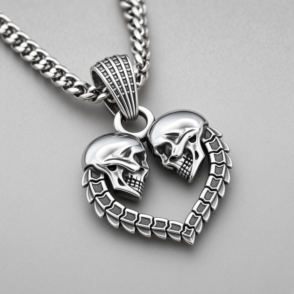 Zwillings-Totenkopf-Herz-Halskette