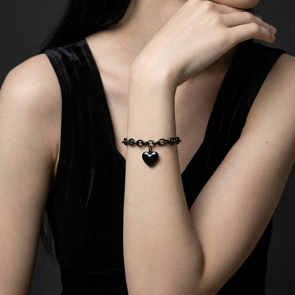 Schwarzes-Herz-Anhänger Anker-Gliederarmband