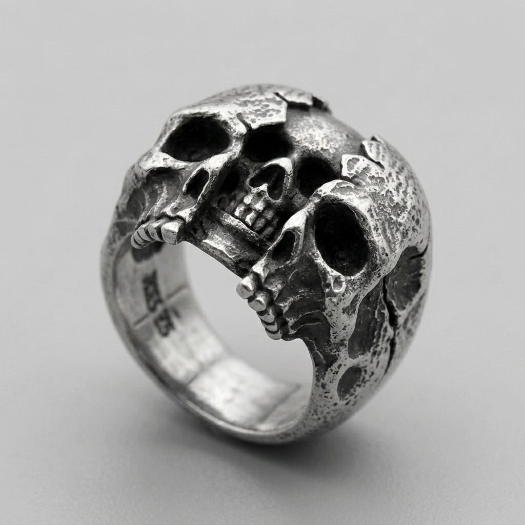 Gewölbter Totenkopf-Ring mit Rissen — Gothic Sterling