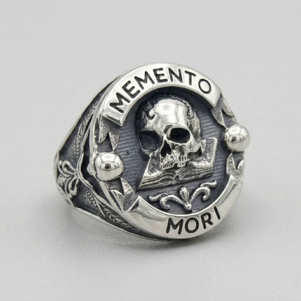 Memento-Mori-Totenkopf offenes Buch Siegelring
