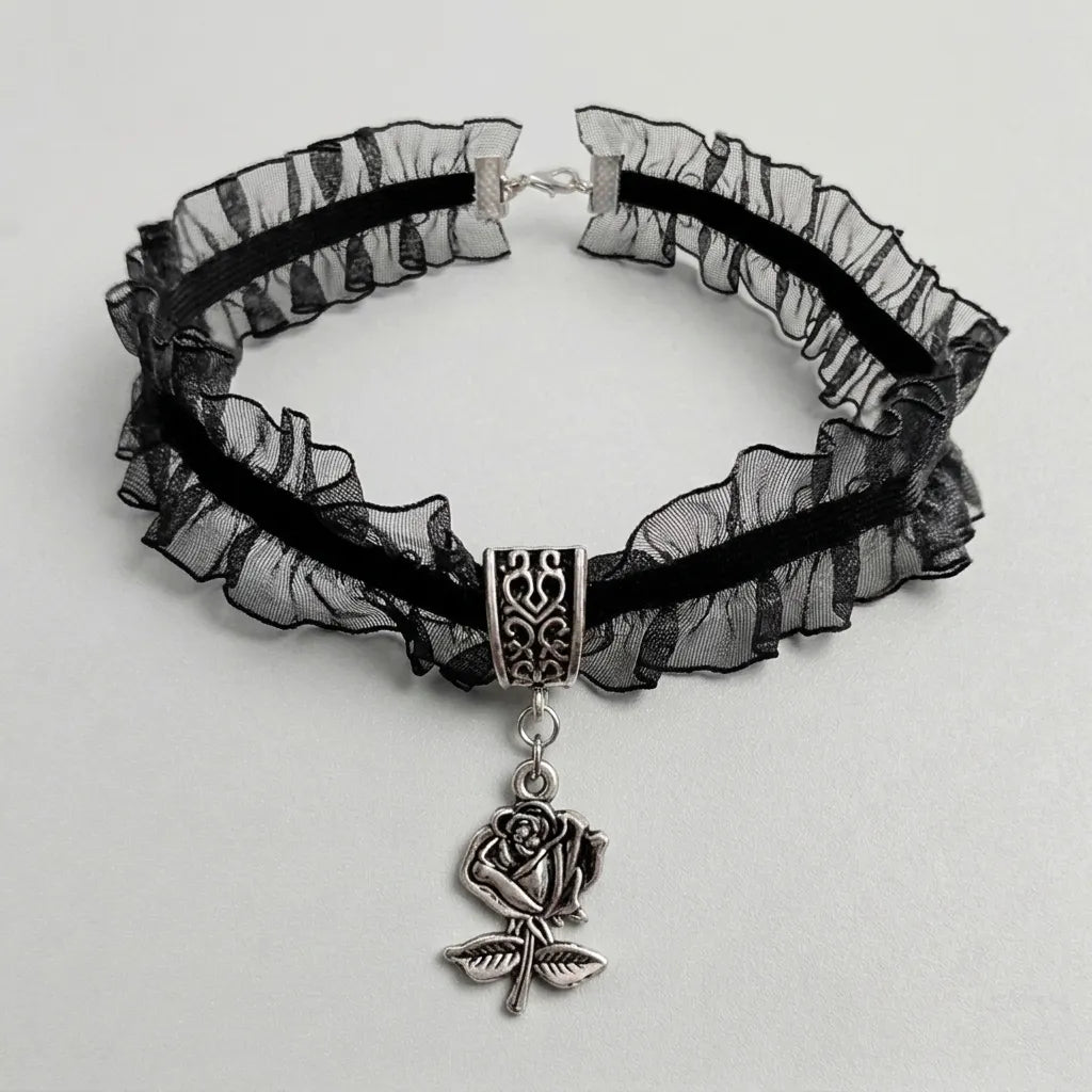 Gerüschte-Spitzenrose Gothic-Choker-Halskette